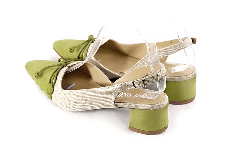 Pistachio green and natural beige women's open back shoes, with a knot. Tapered toe. Low flare heels. Rear view - Florence KOOIJMAN